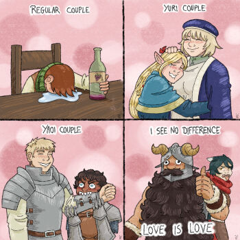 3girls 4boys absurdres afterglow beard biting_arm blurry blush bokeh chilchuck_tims creepikat dark-skinned_male dark_skin depth_of_field disgust dungeon_meshi dwarf elf english_text face_to_breasts facial_hair fake_horns falin_touden happy headpat helmet highres horned_helmet horns hug interracial izutsumi kabru laios_touden long_beard love_is_love_(meme) marcille_donato meme multiple_boys multiple_girls mustache pink_background pointy_ears senshi_(dungeon_meshi) thick_eyebrows thick_mustache thumbs_up upper_body very_long_beard yaoi yuri