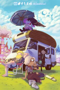 1other 2boys 3girls ^_^ adventure_time adventure_time:_distant_lands barefoot beach_chair beach_umbrella beard black_hair blonde_hair blush bmo bronwyn camping_chair car castlee chair chest_tattoo closed_eyes cloud colored_skin crown day dog dog_girl facial_hair finn_the_human folding_chair furry furry_female glasses grass hair_over_one_eye happy highres interspecies issabolical jake_the_dog kiss knee_up long_hair marceline_abadeer monster_girl motor_vehicle motorhome multiple_boys multiple_girls mustache on_floor on_grass on_van outdoors pants pink_hair pink_skin pointy_ears princess_bonnibel_bubblegum recreational_vehicle robot round_eyewear shoes short_hair short_sleeves simon_petrikov sitting skateboard smile sneakers socks sword tattoo torn_clothes torn_pants trailer tree truck umbrella vampire van vehicle_focus weapon yellow_fur yuri