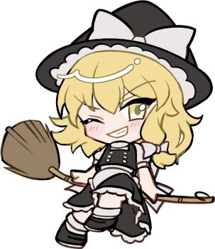 1girl apron black_hat black_shoes black_skirt black_vest blonde_hair blush bow broom broom_riding buttons chibi chibi_only double-breasted frilled_apron frilled_skirt frills full_body grin hair_bow hat hat_bow kirisame_marisa long_hair looking_at_viewer mirei_(miirei) one_eye_closed shirt shoes short_sleeves simple_background sitting skirt skirt_set smile socks solo touhou transparent_background v-shaped_eyebrows vest waist_apron white_apron white_bow white_shirt white_socks witch_hat yellow_eyes