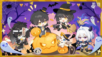 2boys 2girls abby_(wuthering_waves) absurdres alternate_costume black_dress black_gloves black_hair black_hat black_horns broom broom_riding commentary_request dress dual_persona female_rover_(wuthering_waves) galbrena_(wuthering_waves) gloves gradient_hair green_eyes grey_hair halloween_costume hat highres horns jack-o&#039;-lantern looking_at_viewer male_rover_(wuthering_waves) multicolored_hair multiple_boys multiple_girls official_art one_eye_closed open_mouth purple_eyes qiuyuan_(wuthering_waves) rover_(wuthering_waves) short_hair witch_hat wuthering_waves yellow_eyes