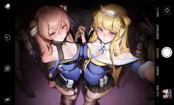 2boys 2girls absurdres asymmetrical_docking bar_censor black_skirt black_thighhighs blonde_hair blue_eyes blue_shirt blush breast_press breasts brown_eyes brown_hair censored commentary condom double_bun english_commentary fancyark fletcher_(kancolle) fletcher_mk_ii_(kancolle) gloves hair_bun hair_ornament hetero highres holding_hands johnston_(kancolle) kantai_collection large_breasts long_hair looking_at_viewer medium_breasts miniskirt multiple_boys multiple_girls neckerchief penis pleated_skirt sailor_collar selfie shirt single_glove skirt smile star_(symbol) star_hair_ornament surrounded_by_penises thighhighs two_side_up used_condom v viewfinder yellow_neckerchief