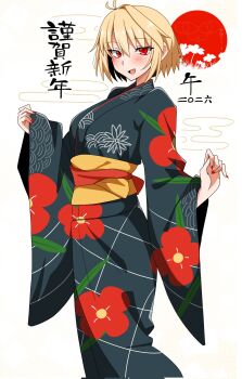 1girl ahoge arcueid_brunestud arms_at_sides black_kimono blonde_hair blush breasts chinese_zodiac fang floral_print floral_print_kimono hair_intakes highres japanese_clothes kimono long_sleeves looking_at_viewer maz_515 new_year print_kimono red_nails short_hair smile tsukihime tsukihime_(remake) year_of_the_horse