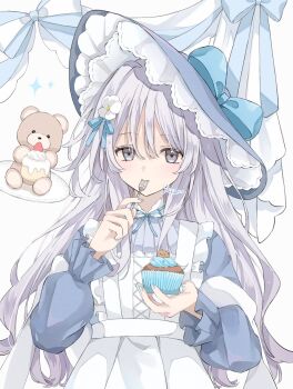 1girl blue_bow blue_dress blue_nails blue_ribbon bow collared_shirt commentary dessert dress eating food food_in_mouth fork grey_eyes grey_hair hair_bow highres holding holding_food neck_ribbon original pinafore_dress plate ribbon shirt sleeveless sleeveless_dress stuffed_animal stuffed_toy teddy_bear yuni_0205