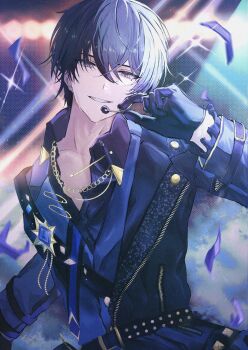 1boy aoyagi_touya belt black_belt black_gloves ewo_1 gloves hashtag-only_commentary highres jacket looking_at_viewer microphone multicolored_hair open_clothes open_jacket project_sekai smile solo solo_focus stage stage_lights studded_belt sweat sweatdrop teeth