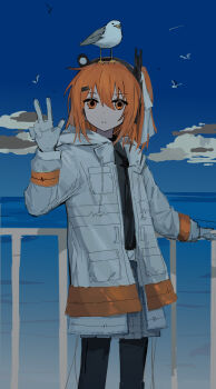 1girl a.i._voice adachi_rei animal animal_on_head belt bird bird_on_head closed_mouth cloud coat dot_nose expressionless gloves grey_skirt hair_ribbon hand_on_railing hand_up headphones highres hood hood_down hooded_coat horizon long_sleeves looking_at_viewer medium_hair mizhou_(mzhu112646) on_head one_side_up open_clothes open_coat orange_eyes orange_hair outdoors railing ribbon seagull skirt solo standing utau w white_coat white_gloves