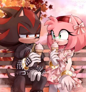 1boy 1girl alternate_costume amy_rose belt bench black_fur blush bracelet denim dress emo floral_print food gloves green_eyes highres ice_cream jeans jewelry looking_at_another necklace pants pink_fur red_eyes scruffyart shadow_the_hedgehog sitting smile sonic_(series) spiked_bracelet spikes tail