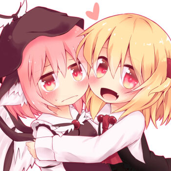 2girls ascot bird_girl bird_wings black_hat blonde_hair blush commentary fang hat heads_together heart hug long_sleeves looking_at_viewer medium_hair multiple_girls mystia_lorelei neck_bobbles pink_hair razy_(skuroko) red_ascot rumia short_hair simple_background smile sweatdrop touhou upper_body white_background wing_ears wing_hat_ornament wings yuri