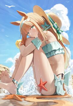 1girl :o animal_ears bare_arms bare_legs bare_shoulders barefoot bikini blue_bikini blunt_bangs blush detached_sleeves from_side green_eyes hairband hat hat_on_back highres horse_ears horse_girl horse_tail long_hair looking_at_viewer ningen_gokko orange_hair ponytail sidelocks silence_suzuka_(umamusume) soles solo starfish sun_hat swimsuit tail umamusume wet white_hairband