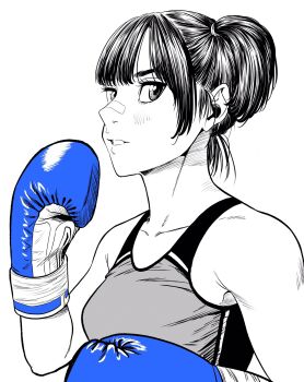 1girl bandaid bandaid_on_face bandaid_on_nose blue_gloves boxing_gloves breasts commentary_request gloves greyscale hatching_(texture) highres lee_(dragon_garou) medium_breasts monochrome original side_ponytail smile solo sports_bra spot_color upper_body