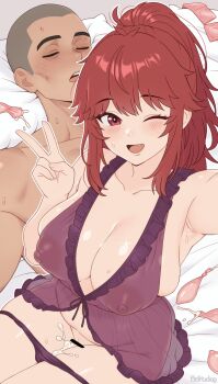 1boy 1girl aftersex aizawa_akemi belka_dog blush breasts cleavage condom cum cum_in_pussy fang hetero large_breasts long_hair matching_hair/eyes meme nightgown nipples one_eye_closed open_mouth pussy red_eyes red_hair see-through_clothes see-through_nightgown selfie shiny_skin sidelocks sitting tomo-chan_wa_onna_no_ko used_condom wink