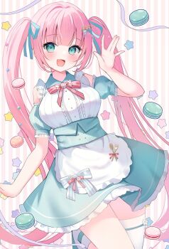1girl :d \||/ apron aqua_bow aqua_eyes aqua_ribbon aqua_skirt arm_at_side artist_request blush bow bow_apron bowtie breasts center_frills character_request choppy_bangs collared_shirt commentary_request cookie copyright_request detached_sleeves food foot_out_of_frame frilled_shirt frills hair_bow hair_ribbon hand_up high-waist_skirt highres large_breasts leg_up long_hair looking_at_viewer miniskirt open_mouth pink_bow pink_bowtie pink_hair ribbon second-party_source shirt shirt_tucked_in short_sleeves single_thighhigh skirt sleeveless sleeveless_shirt smile solo star_(symbol) striped_background thighhighs twintails vertical-striped_background very_long_hair virtual_youtuber waist_apron white_apron white_bow white_shirt white_thighhighs