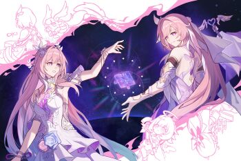 2girls absurdres aqua_hair breasts chinese_commentary cleveland01 commentary_request company_connection corset cyrene_(aedes_elysiae)_(honkai:_star_rail) cyrene_(honkai:_star_rail) cyrene_(ripples_of_past_reverie)_(honkai:_star_rail) diamond-shaped_pupils diamond_(shape) dress elf elf_elysia elysia_(herrscher_of_human:_ego)_(honkai_impact) elysia_(honkai_impact) elysia_(miss_pink_elf)_(honkai_impact) flower hair_flower hair_ornament highres honkai:_star_rail honkai_(series) honkai_impact_3rd inoue_marina large_breasts long_hair mem_(honkai:_star_rail) multicolored_hair multiple_girls pink_hair pointy_ears purple_eyes puzzle_piece sky smile star_(sky) starry_sky symbol-shaped_pupils two-tone_hair very_long_hair voice_actor_connection white_corset white_dress white_hair yanning