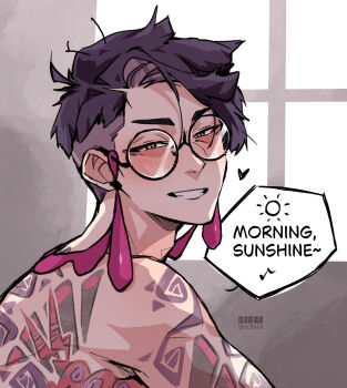 1boy adam's_apple arm_tattoo back_tattoo bilingual_commentary black-framed_eyewear blush commentary corbeau_(pokemon) english_commentary english_text gen_5_pokemon glasses grin highres kishishiotani looking_at_viewer male_focus messy_hair mixed-language_commentary musical_note nintendo nude parted_hair pokemon pokemon_legends:_z-a purple_hair round_eyewear scolipede smile solo speech_bubble tassel tattoo window yellow_eyes