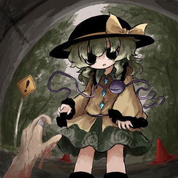 1boy black_eyes black_hat black_shoes blood commentary_request contrast_collar green_hair green_skirt hair_between_eyes hat hat_ribbon heripantomorrow komeiji_koishi long_sleeves looking_at_viewer parted_lips pov reaching reaching_towards_another ribbon shirt shoes skirt standing third_eye touhou wide_sleeves yellow_ribbon yellow_shirt