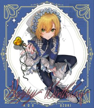 1boy alternate_costume blonde_hair blue_background border bow bowtie character_name commentary_request ebitabetabe frilled_pants frilled_sleeves frills green_eyes hair_between_eyes happy_birthday heart_wand highres holding holding_wand inset_border long_sleeves looking_at_viewer male_focus nijisanji ornate_border pants puritan_collar short_hair solo sparkle uzuki_kou virtual_youtuber wand