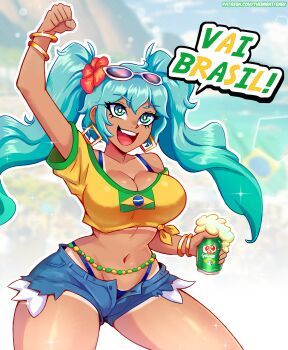 1girl absurdres aqua_hair bead_choker beads blue_panties bracelet brazilian_flag brazilian_flag_print brazilian_miku breasts cleavage denim denim_shorts exposed_pocket eyewear_on_head flag_print flower guarana_antarctica hair_flower hair_ornament hatsune_miku highres jewelry long_hair multiple_bracelets open_clothes open_shorts panties rectangular_earrings shirt shorts shorts_tan solo sunglasses swimsuit tan tanline tanline_peek themightfenek thong twintails underwear v-shaped_eyebrows vocaloid wavy_hair yellow_shirt