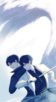 0juhcd 2boys back-to-back black_coat black_hair black_shirt coat collared_shirt cowboy_shot fighting_stance hashtag-only_commentary highres holding holding_sword holding_weapon kim_dokja male_focus multiple_boys omniscient_reader&#039;s_viewpoint open_clothes open_coat shirt short_hair spread_legs sword weapon white_coat yoo_joonghyuk