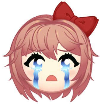 Rule 34 | 1girl, artist request, blue eyes, bow, chibi, chibi only, crying, d:, doki doki literature club, double-parted bangs, emoji, hair bow, looking to the side, lowres, messy hair, official art, open mouth, pink hair, portrait, sayori (doki doki literature club), short hair, solo, sparkling eyes, streaming tears, tears