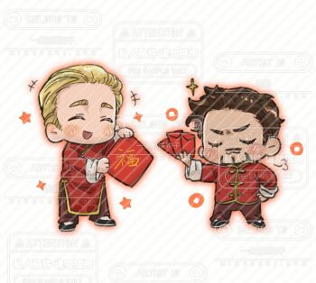 Rule 34 | +++, 2boys, :3, alternate costume, avengers (series), black shoes, blonde hair, blush, brown hair, brown pants, changpao, chibi, chibi only, chinese clothes, closed eyes, closed mouth, commission, facial hair, full body, hand on own hip, hand up, hands up, holding, hongbao, long sleeves, male focus, mandarin collar, marvel, marvel, multiple boys, open mouth, pants, red shirt, shajiang144584, shirt, shoes, short hair, simple background, smile, standing, star (symbol), steve rogers, tony stark, v-shaped eyebrows, watermark, white background, wide sleeves