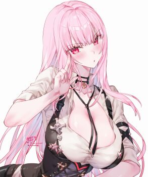 1girl absurdres artist_name blush breasts collarbone commentary_request highres hololive hololive_english index_finger_raised kamiya_maneki large_breasts long_hair looking_at_viewer mori_calliope pink_eyes pink_hair shirt short_sleeves signature simple_background solo star_ornament twitter_username virtual_youtuber white_background white_shirt