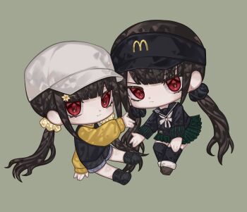 1girl absurdres black_serafuku black_skirt brown_hair danganronpa_(series) danganronpa_v3:_killing_harmony flower_hairpin gakkiyui1 hair_ornament hair_scrunchie harukawa_maki highres long_hair long_sleeves looking_at_viewer low_twintails mcdonald&#039;s miniskirt mole mole_under_eye pleated_skirt red_eyes school_uniform scrunchie serafuku shirt shoes skirt twintails yellow_scrunchie