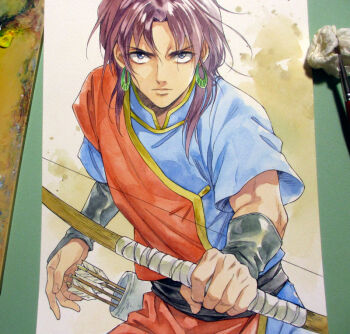 1boy agahari arrow_(projectile) arslan_senki art_brush art_tools_in_frame black_sash blue_tunic bow_(weapon) closed_mouth commentary_request earrings fighting_stance holding holding_bow_(weapon) holding_weapon jewelry looking_at_viewer male_focus medium_hair merlane paintbrush painting_(medium) photo_(medium) purple_hair quiver ready_to_draw sash serious short_sleeves solo traditional_media tunic upper_body v-shaped_eyebrows weapon wristband