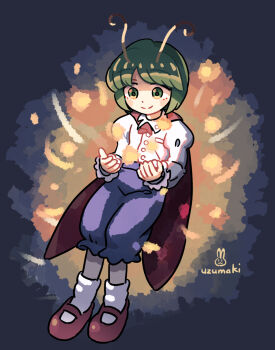Rule 34 | 1girl, antennae, artist name, cape, commentary request, full body, green eyes, green hair, highres, imperishable night, long sleeves, mary janes, red cape, red shoes, shoes, smile, socks, solo, touhou, uzumaki osushi, white socks, wings, wriggle nightbug