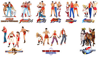 1990s_(style) absurdres andy_bogard blue_mary comparison evolution fatal_fury highres joe_higashi mori_toshiaki nona official_art rock_howard shiranui_mai snk terry_bogard the_king_of_fighters