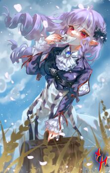 1girl absurdres black_ribbon cloud cloudy_sky coconuthound cosplay dress hair_ribbon highres holding holding_letter holding_suitcase jacket letter long_hair pointy_ears purple_hair purple_jacket red_eyes ribbon sky solo suitcase violet_evergarden violet_evergarden_(cosplay) violet_evergarden_(series) vivian_banshee white_dress zenless_zone_zero