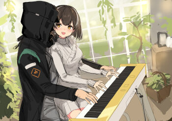 1girl 1other alternate_costume arknights blush brown_hair cowboy_shot doctor_(arknights) dress earrings grey_dress highres indoors instrument jewelry long_sleeves looking_at_another magallan_(arknights) music open_mouth piano playing_instrument short_hair sigm@ sitting sitting_on_person slice_of_life smile unfinished yellow_eyes