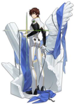1boy artist_request ass bird_wings bodysuit brown_hair chain code_geass column from_behind full_body gloves green_eyes highres holding holding_chain kururugi_suzaku mahjong_soul male_focus marble_(stone) official_art pillar short_hair simple_background single_wing solo standing tachi-e transparent_background white_bodysuit white_gloves wings