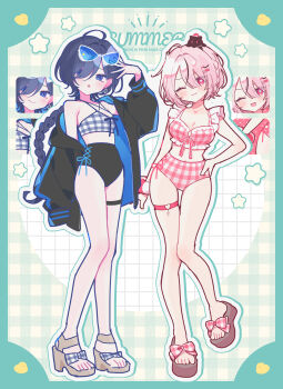 2girls absurdres ahoge bad_feet barefoot bikini black_hair black_jacket blue-tinted_eyewear blue_eyes braid commentary drop_shadow eyewear_on_head green_background grid_background hair_over_one_eye hand_up heart heart-shaped_pupils high-waist_bikini highres jacket long_hair multiple_girls one_eye_closed original outline pink_bikini pink_eyes pink_hair plaid_background plaid_bikini plaid_clothes sandals short_hair sunglasses swimsuit symbol-shaped_pupils thigh_strap tinted_eyewear track_jacket waka_(wk4444)