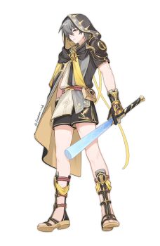 1boy ancient_greek_clothes armor artist_name baseball_bat belt black_cape black_gloves black_sandals black_shirt black_shorts caelus_(honkai:_star_rail) camera cape chinese_commentary commentary_request freaknaru123 full_body gloves gold_trim greco-roman_clothes grey_hair hair_between_eyes highres himation holding holding_baseball_bat honkai:_star_rail honkai_(series) hood hooded_cape looking_at_viewer male_focus red_belt sandals shirt short_hair short_sleeves shorts shoulder_armor simple_background solo sparkle standing teeth trailblazer_(honkai:_star_rail) two-sided_cape two-sided_fabric white_background yellow_cape yellow_eyes