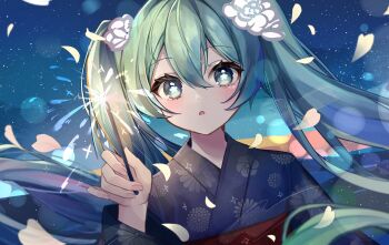 Rule 34 | 1girl, aqua eyes, aqua hair, blue kimono, commentary request, floral print, floral print kimono, flower, flower-shaped pupils, hair between eyes, hair flower, hair ornament, hatsune miku, highres, holding, holding fireworks, japanese clothes, kimono, long hair, long sleeves, looking at viewer, noneon319, open mouth, print kimono, solo, symbol-shaped pupils, twintails, upper body, very long hair, vocaloid, white flower, wide sleeves