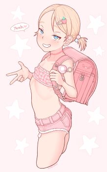 1girl a_kun absurdres ass backpack bag blonde_hair blue_eyes blush choker covered_erect_nipples crime_prevention_buzzer denim denim_shorts female_focus flat_chest food-themed_hair_ornament hair_ornament hairclip highres loli mole mole_under_eye original randoseru short_twintails shorts smile solo standing strapless strawberry_hair_ornament thighs tube_top twintails v