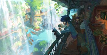 1girl artist_request black_cat blue_hair boat cat child drinking food_stand highres long_sleeves original river running sandals shorts standing water watercraft waterfall