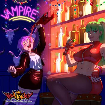 2girls alcohol bar_(place) bottle bracelet breasts choker closed_eyes commentary crop_top cropped_jacket cross cup darkstalkers drinking drunk english_commentary fingerless_gloves gloves green_eyes green_hair halloween highres holding holding_bottle jacket jewelry kitsune23star large_breasts leather leather_jacket licking_lips lilith_(darkstalkers) long_hair looking_at_viewer midriff miniskirt morrigan_aensland multiple_girls navel official_alternate_costume pantyhose pencil_skirt ponytail pouring purple_hair red_gloves short_hair siblings sisters sitting skirt skull smile stool striped_clothes striped_thighhighs thighhighs tongue tongue_out wine_bottle zettai_ryouiki zipper