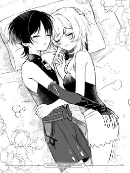 1boy 1girl armor belt bloomers blunt_ends blush bodysuit bow bridal_gauntlets choppy_bangs closed_eyes clothing_cutout couple eyelashes fingernails flower genshin_impact greyscale hakama hakama_shorts hand_on_another's_ass hand_on_another's_head hand_on_another's_waist head_on_pillow hetero highres hip_vent japanese_armor japanese_clothes kote light_blush lumine_(genshin_impact) mandarin_collar middle_ring midriff_peek monochrome open_hand parted_bangs parted_lips pillow pleated_shorts rope sash scaramouche_(genshin_impact) shared_bed shirt short_hair short_hair_with_long_locks shorts sidelocks sleeping sleeveless sleeveless_bodysuit sleeveless_shirt smile snow20200 strapless strapless_shirt twitter_username underwear wanderer_(genshin_impact) watermark