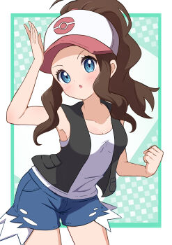 1girl :o absurdres arm_up baseball_cap black_vest blue_eyes blue_shorts breasts brown_hair cleavage clenched_hand commentary_request cowboy_shot denim denim_shorts hat high_ponytail highres hilda_(pokemon) looking_at_viewer nintendo parted_lips pokemon pokemon_bw ponytail rono_(lethys) short_shorts shorts sidelocks small_breasts solo tank_top vest white_tank_top