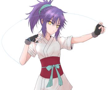 ayu_(ddestiny944) closed_mouth cropped_legs fingerless_gloves gloves green_ribbon hair_between_eyes highres holding holding_string hunter_x_hunter looking_at_viewer machi_komacine ponytail purple_hair red_sash ribbon sash short_sleeves sidelocks solo standing string white_background white_dougi yellow_eyes