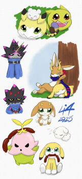 Rule 34 | digimon, digimon (creature), dog, food, gammamon, green eyes, gulusgammamon, highres, inkmonli4, lalamon, looking at viewer, meicoomon baby, meicoomon child, open mouth, oridigi, original, pyontomon, sausage, scarf, simple background, sleeping, tail, white background, yukimibotamon