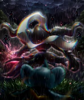 8686island chromatic_aberration darkrai gen_4_pokemon highres legendary_pokemon lightning mythical_pokemon nintendo outdoors pokemon protecting rain shinx team_rocket team_rocket_grunt