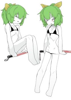 1girl alternate_costume bikini black_bikini blush closed_eyes colored_skin cookie_(touhou) diyusi_(cookie) emaciated embarrassed facing_viewer flat_chest full_body green_hair hair_ribbon highres hip_bones holding_baton light_frown medium_hair micro_bikini mukago_(mukagomumumu) multiple_views ponytail ribbon ribs simple_background swimsuit touhou traffic_baton white_background white_skin yellow_ribbon