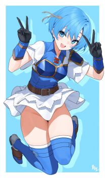 1girl absurdres armor belt black_gloves blue_armor blue_eyes blue_hair blue_thighhighs blush breastplate breasts circlet clothes_lift dhokidoki double_v fire_emblem fire_emblem:_the_binding_blade gloves headband highres looking_at_viewer nintendo no_panties open_mouth shanna_(fire_emblem) shirt shirt_lift shoes short_hair skirt smile solo teeth thighhighs upper_teeth_only v white_shirt white_skirt
