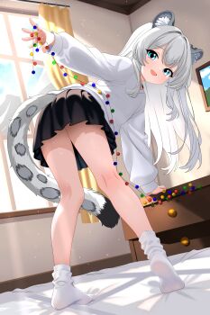 1girl :d absurdres animal_ears bent_over black_skirt blue_eyes christmas_lights day drawer furfik highres indoors legs long_hair long_sleeves looking_at_viewer looking_back miniskirt on_bed open_mouth original picture_frame pleated_skirt skirt smile snow_leopard_ears snow_leopard_girl snow_leopard_tail socks sweater tail white_hair white_socks white_sweater window