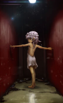 1girl backless_dress backless_outfit bare_back barefoot ceiling_light commentary_request concrete crack cracked_floor dark-skinned_female dark_skin derivative_work dress flat_chest half-life half-life_(series) half-life_2 hallway head_wreath indoors kikai_(akita_morgue) loli looking_at_viewer looking_back medium_hair no_bra original outstretched_arms profile red_eyes screenshot_redraw short_dress solo spread_arms white_hair wide_shot