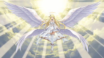 1girl absurdres angel angel_wings bare_shoulders blonde_hair boots brooch cloud cloudy_sky commission detached_sleeves dress feather_hair_ornament feathered_wings feathers full_body glowing gold_trim hair_ornament halo highres jewelry layered_dress light_rays long_hair looking_at_viewer midair multiple_wings mytea_(soso) original skeb_commission sky sleeveless sleeveless_dress solo star_(symbol) star_hair_ornament sunlight thighhighs white_boots white_dress white_haired_girl_(gespens03366872) white_sleeves white_thighhighs white_wings wings yellow_eyes