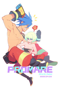 2boys blue_hair galo_thymos gloves green_hair kariki_hajime lio_fotia male_focus mohawk multiple_boys nintendo_switch promare title topless_male white_background yaoi