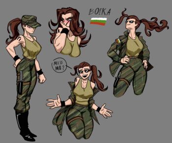 Rule 34 | 1girl, belt, boika (snow draw), boots, breasts, brown hair, bulgarian flag, camouflage, camouflage jacket, camouflage pants, character name, collarbone, dulo tamgha, full body, green jacket, green pants, grey background, hair down, hair up, hat, high-waist pants, jacket, long hair, medium breasts, military hat, multiple views, no jacket, non-web source, original, pants, peaked cap, ponytail, profile, red eyes, simple background, snow draw, solo, standing, sunglasses, tank top, thigh sheath, wristband