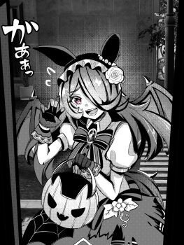 1girl animal_ears bat_wings black_hairband bow claw_pose ear_covers flipped_hair flower frills gloves hair_over_one_eye hairband halloween halloween_bucket halloween_costume highres holding horse_ears horse_girl horse_tail lace lace-trimmed_gloves lace_trim long_hair looking_at_viewer monochrome official_alternate_costume open_mouth puffy_short_sleeves puffy_sleeves purple_eyes rice_shower_(make_up_vampire!)_(umamusume) rice_shower_(umamusume) rose sakanaflyer shirt short_sleeves skirt smile solo spot_color tail teeth textless_version trick-or-treating trick_or_treat umamusume wings